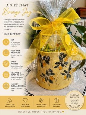 Ceramic Lemon Pattern Mug Gift Set 16 oz mug stuffed with face care products